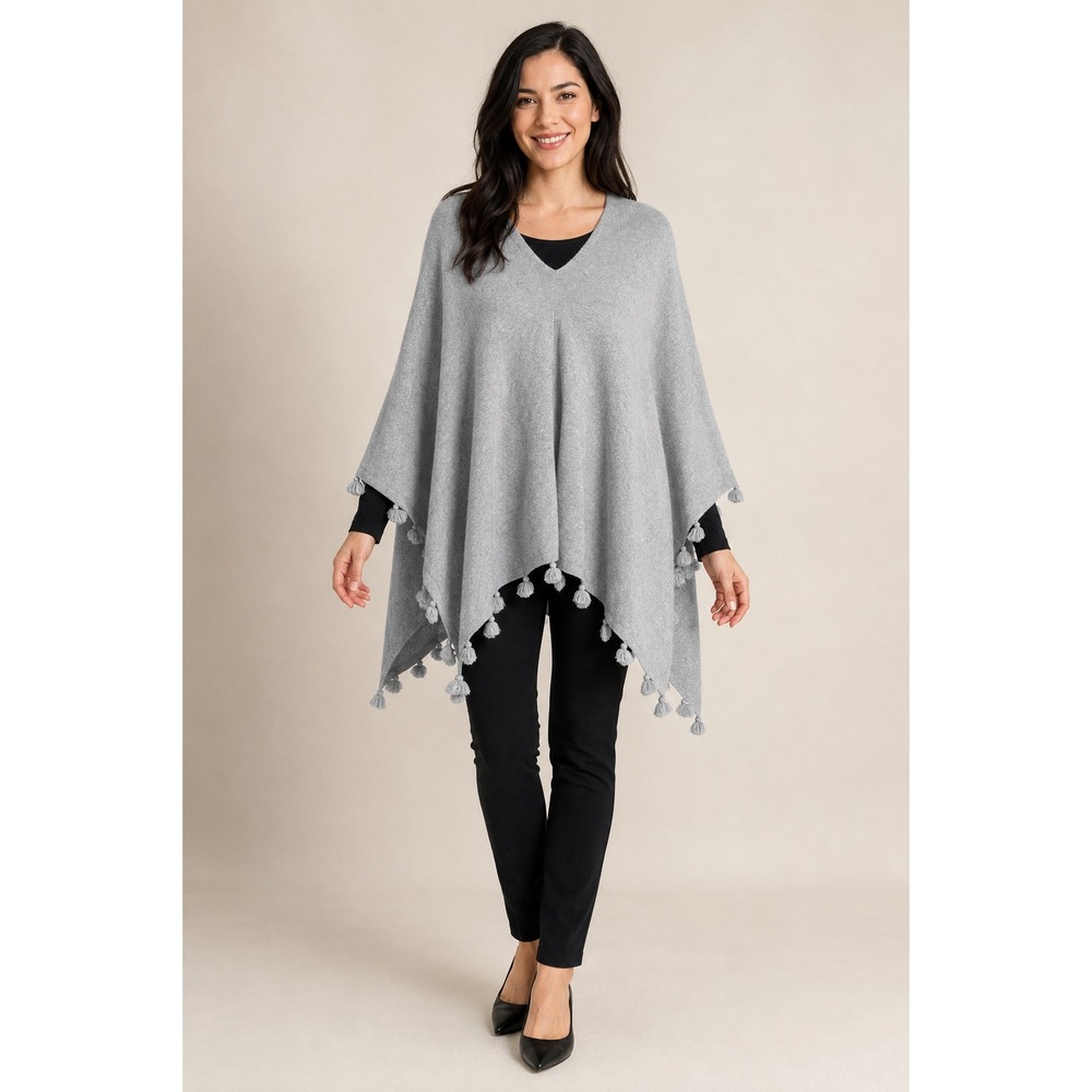 Caroline Grace Gray Cotton Cashmere Blend Tassel Trim V-Neck Poncho Sweater
